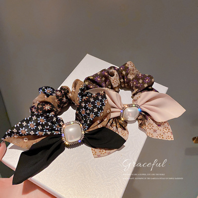 Korean Stylish and Simple Personality Hair Rope Rhinestone Pearl Bow Large Intestine Hair Ring Internet Celebrity Dignified Sense of Design Hair Accessories