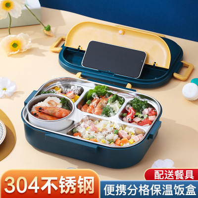 Student Insulated Lunch Box 304 Stainless Steel Lunch Box Compartment Plate Portable Partitioned Box Lunch Box with Soup Bowl Bento Box