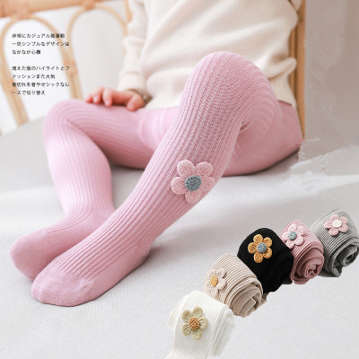 2021 Autumn New Flower Vertical Stripes Children's Pantyhose Solid Color Girls' Cotton Outer Wear Baby Stockings