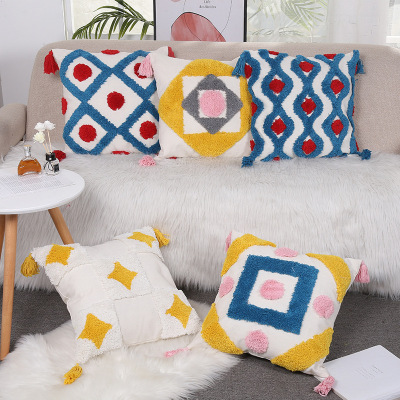 2021 Tufted Embroidered Pillow Cover Amazon Cross-Border Square Living Room Backrest Pillow Cushion Cover Cotton Pillow Case Wholesale