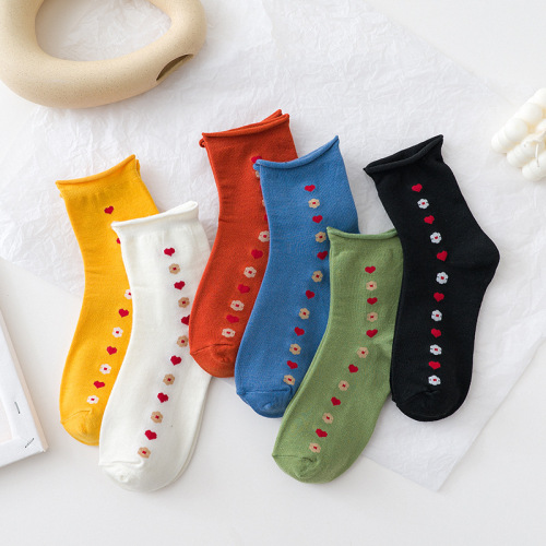 Curling Bunching Socks Female Japanese Style Mid-Calf High Length Ins Trendy Solid Color Love Student Socks College Style Trendy All-Matching Women‘s Socks