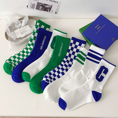 Socks New Spring Klein Blue Checkerboard Fashion Women‘s Socks Special-Interest Design Korean Blue White Middle Tube Cotton Socks