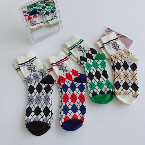 Contrast Color Diamond Plaid Tube Socks 2022 Spring/Summer New Cartoon Puppy Printed Cotton Socks Casual Sports Women‘s Socks