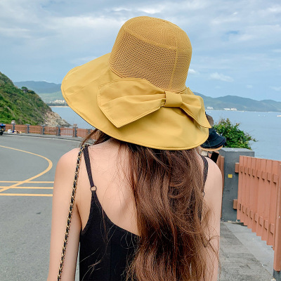 New Women's Bow Black Glue Ventilation Cap Spring and Summer Outdoor Breathable Big Brim Fisherman Hat Sun Protection Cover Hat for Women
