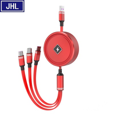 Retractable Three-in-One Data Cable round Fast Charge 3A Mobile Phone Cable Car Three-in-One Shrink Charging Cable Gift.