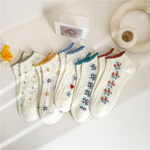 Fresh White Ins Style Women‘s Boat Socks Spring and Summer Small Floral Cute Socks Japanese Bubble Mouth Socks Wholesale