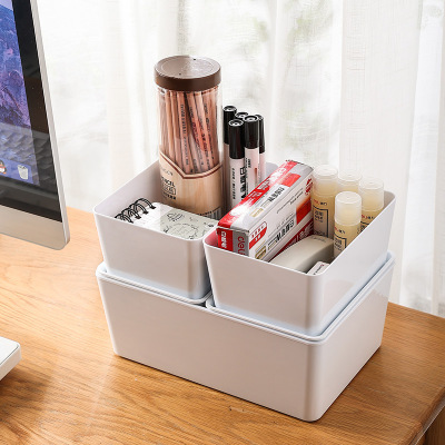 INS Desktop Storage Box Plastic Imitation Porcelain with Lid Stackable Dormitory Students Cosmetics Stationery Storage Basket