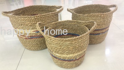 Straw Three-Piece Set Double Handle Storage Basket Floor Plant Flower Pot Coats Basket Laundry Basket