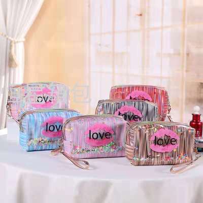 2021 New Cross-Border Cosmetic Bag PVC Lip Printings Sequined Glitter Cosmetic Storage Bag Can Be Customized Logo