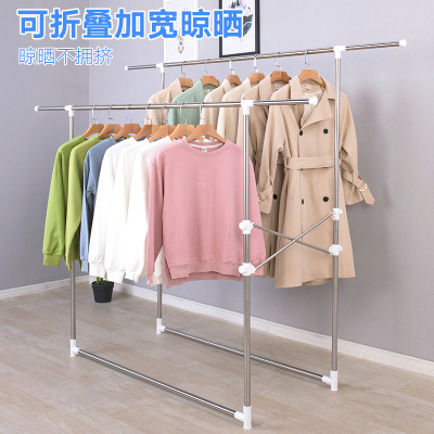 Wholesale Clothes Hanger Floor Folding Stainless Steel Double Rod Quilt Hanger Balcony Clothes Rail Large Quantity Can Be Customized