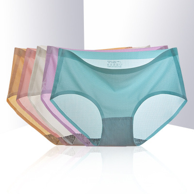 Breathable Mesh Ice Silk Seamless Panties Women Solid Color Mid-Waist Women's Briefs Comfortable Hip Lift Seamless Underwear Women