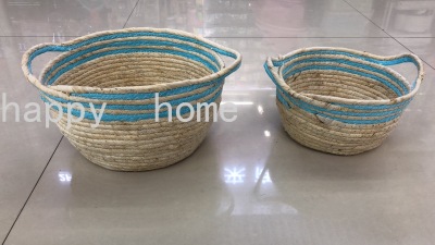 Binaural Straw Basket Seaweed Material Hand-Woven Rattan Basket Blue Striped Woven