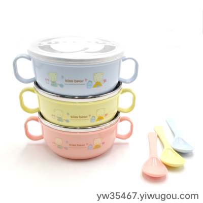 T07-7733 Double Handle Baby Food Supplement Shatter Proof Insulation with Lid to Send Spoon Children Cute Cartoon Stainless Steel Bowl