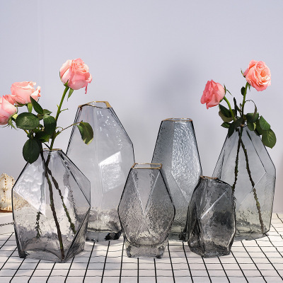 Factory Nordic Creative Glass Vase Geometric Cold Pattern Gold Vase Living Room Home Flower Arrangement Decoration Wholesale