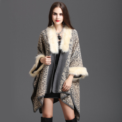1052# European and American Autumn and Winter New Large Size Loose Imitation Fox Fur Collar Printed Knitted Cardigan Shawl Cape Coat