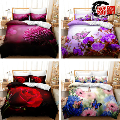 Foreign Trade Three-Piece Flower Cross-Border 3D Digital Printing Bedding Quilt Cover Bed Sheet Factory Generation Home Textile Wholesale