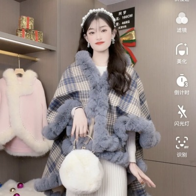 Autumn and Winter Elegance Retro Plaid Knitted Double-Layer Wear Wool Outer Wear Female Cape and Shawl 0889#