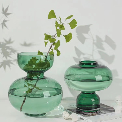 Nordic Style Green Glass Large Vase Creative Simple Ornaments Hydroponic Flower Vase Living Room Decoration Gourd Shape