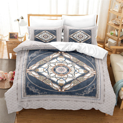 Cross-Border Home Textile Bedding Three-Piece Set Polyester Fiber Quilt Cover Pillowcase Bed Sheet Fitted Sheet Chinese Flower Pattern