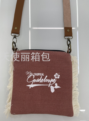 New Tassel Printed Square Crossbody Beach Bag Trendy Leather Adjustable Long Belt Canvas Bag Coin Purse