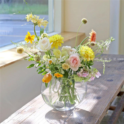 Korean Ins Same Transparent Glass Flower Bottle Flat Hydroponic Flower Pot Decoration Korean Style Floral Design Studio