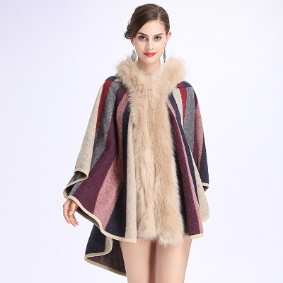 1120# Autumn and Winter New European and American Imitation Fox Fur Collar Striped Hooded Talma Cape Knitted Cardigan Coat for Women