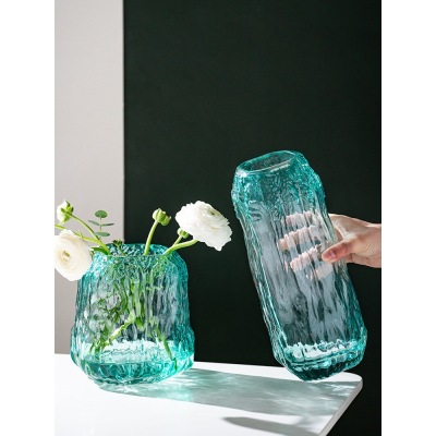 Spanish Style Handmade Lake Blue Large Vase Transparent Glass Living Room and Dining Table Decoration Flower Arrangement Hydroponic Glass Flower Device