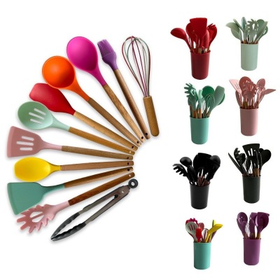 Wooden Handle Silicone Kitchenware 12-Piece Set Colorful 11-Piece Kitchen Storage Tube Cooking Pot Ladel Kitchen Tools
