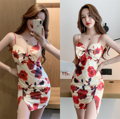 Early Spring New Korean Style Temperament Printed Small Strap Sheath Dress Slim Fit Skirt