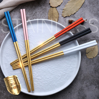 304 Stainless Steel Chopsticks Full Square Chopsticks 5 Double Set Gold-Plated Personalized Gift Chopsticks Logo Customization