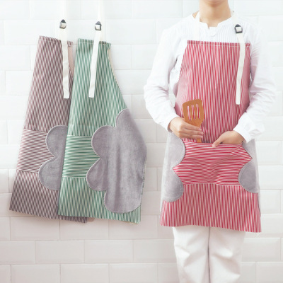 Kitchen Korean-Style Striped Apron Coral Fleece Adjustable Waterproof Apron Cooking Cooking Oil-Proof Erasable Hand Apron