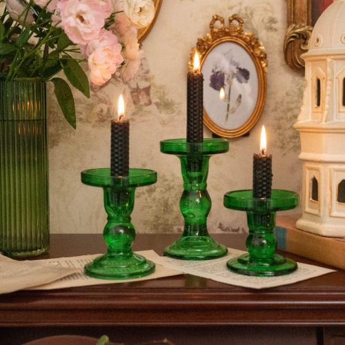 korean ins retro personality niche green glass candlestick home bed & breakfast soft outfit decoration shooting props