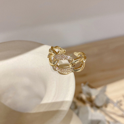 2022 New Korean Affordable Luxury Style Zircon Ring Female Cold Style Chain Shape Ring Open Fashion Hand