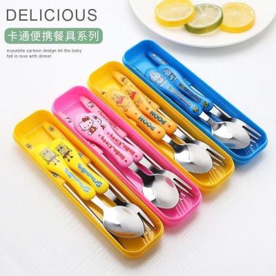 Cartoon Children's Cute Stainless Steel Convenient Tableware Three-Piece Set Outdoors Convenient Spoon Fork Chopsticks Student Gift Set