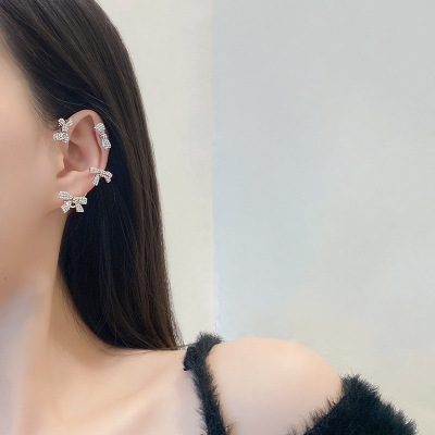 Japan and South Korea Super Fairy Bow Rhinestone Earrings Sweet Personality Elegant No Ear Piercing Required Ear Hanging Girl's Heart High Sense