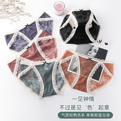 Sexy Lace Underwear Women‘s French New Transparent Mesh Breathable Cotton Crotch Japanese Style Ruffles Mid Waist Briefs