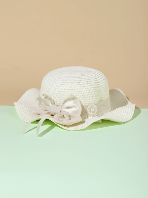 Japanese Style New Beach Big Brim Wave Brim Straw Hat Female Korean Style Fresh Bow Elegant Romantic Flower Sun Hat