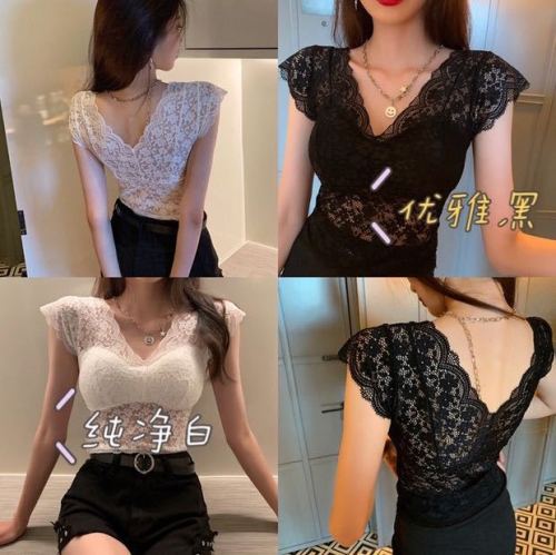 New Lace V-neck Tops Outerwear Bottoming Short-Sleeved Women‘s Vest Slim Fit Thin Band Chest Pad Lace Chest Wrap Women