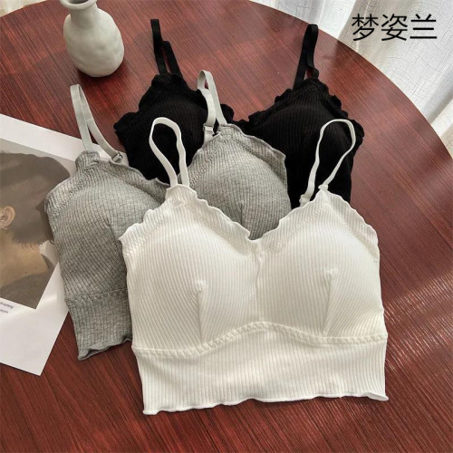 New Simple Camisole Western Style Pleated Edge Korean Style with Chest Pad Tube Top Beauty Back Solid Color Bottoming Underwear Female 