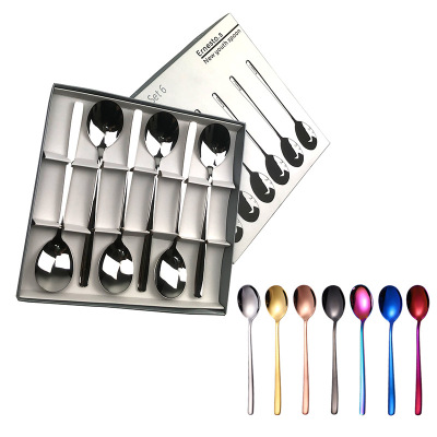 304 Stainless Steel Spoon Gift Set Korean Style Thickened Long Handle Gold Six Spoon Tableware Gift Set