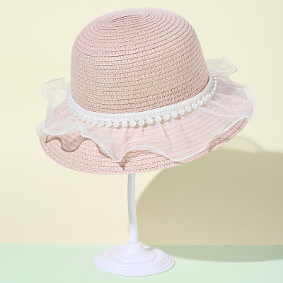 Straw Hat Woven Lace Pearl Hat for Women Summer Thin Beach Seaside Ruffled Bucket Hat Sun-Proof Cool