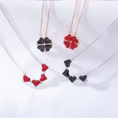 Factory Direct Supply Korean Style Four-Leaf Flower Necklace Love Split Folding Pendant Rose Gold Clavicle Chain Full Diamond Red Necklace