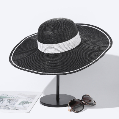 Black Straw Hat Flat-Brimmed Cap Sun Hat with Wide Brim Sun Hat Flat Top Sun Protection Hat Female Beach Seaside Catwalk Straw Hat