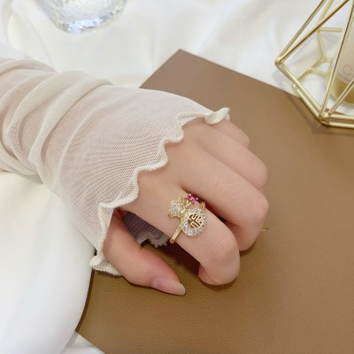 Diamond Engraved Fu Character Purse Copper-Plated Gold Ring Bracelet Pinwei Inlaid Zircon Open Ring for Women No Color Fading Wholesale