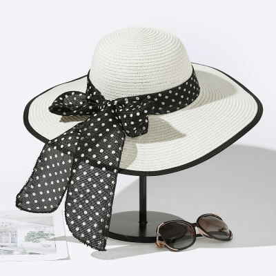 Bowler Women's Summer Hepburn Polka Dot Straw Hat Seaside Beach Sun Protection Sun Hat British White Top Hat Sun Hat