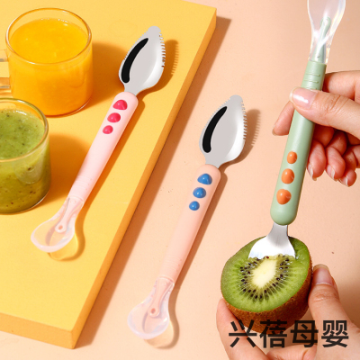 Baby Fruit Mud Scraper Stainless Steel Double-Headed Spoon Baby Fruit Puree Spoon Complementary Food Fruit Utensils in Stock Wholesale