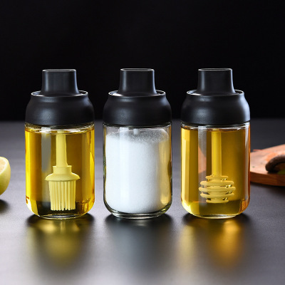 T Kitchen Supplies Seasoning Jar Glass Sealed a Bottle of Honey Spoon and Lid Integrated Spice Jar Oil Brush Bottle Set Seasoning Bottle