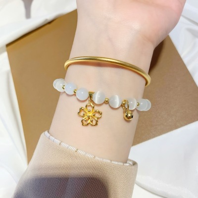 Opal Little Flower Bell Pendant Bracelet Beaded Jewelry Alluvial Gold Heritage Bracelet Elastic Bracelet Women's Two-Piece Set