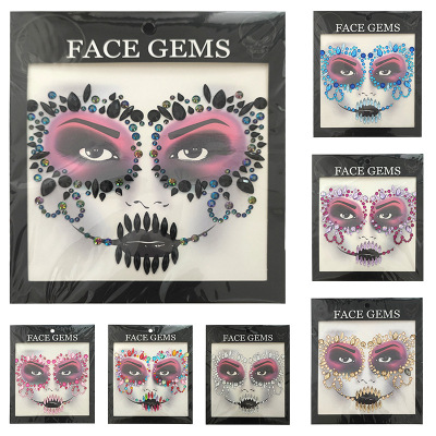 Cross-Border European and American Face Stick-on Crystals Masquerade Halloween Decorative Sticker Stick-on Crystals Decorative Sticker Halloween Stickers Ghost Face Diamond