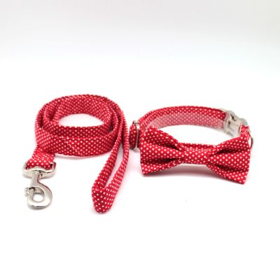 Pet Cotton Red Bow Collar Metal Buckle Polka Dot Hand Holding Rope Necklet Set Factory Wholesale